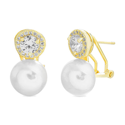 Round Prong Set Freshwater Cultured Pearl and Cubic Zirconia Stud Bridal Halo Earring for Women with Omega Back in Yellow Gold Plated 925 Sterling Silver