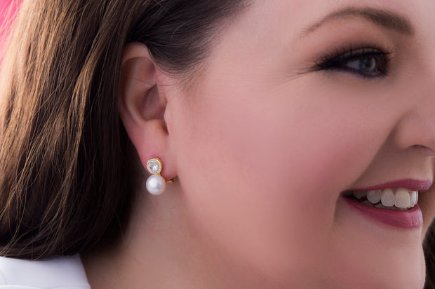 Freshwater Cultured Pearl and Cubic Zirconia Stud Earring in Yellow Gold or Rhodium Plated Silver