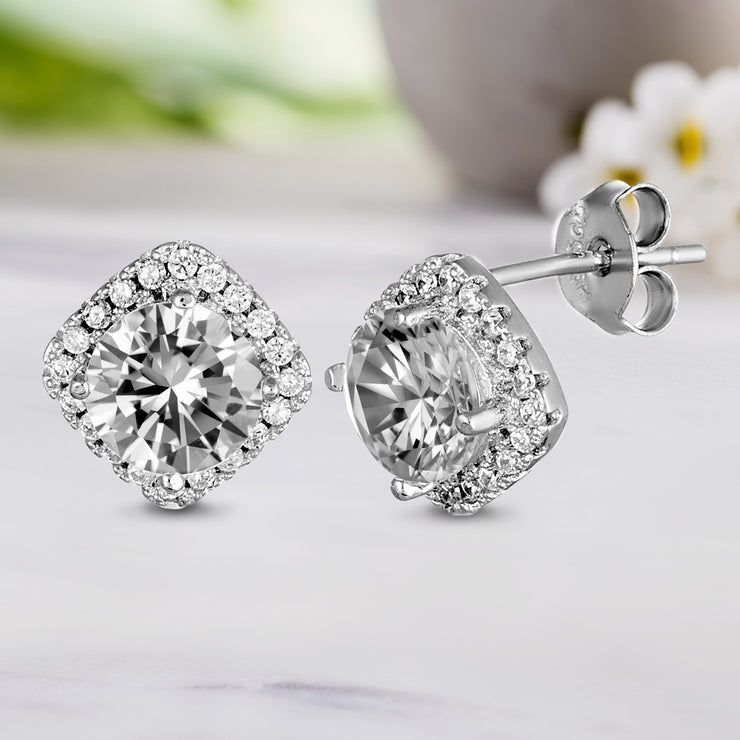 Cubic Zirconia Halo Stud Earrings in Sterling Silver