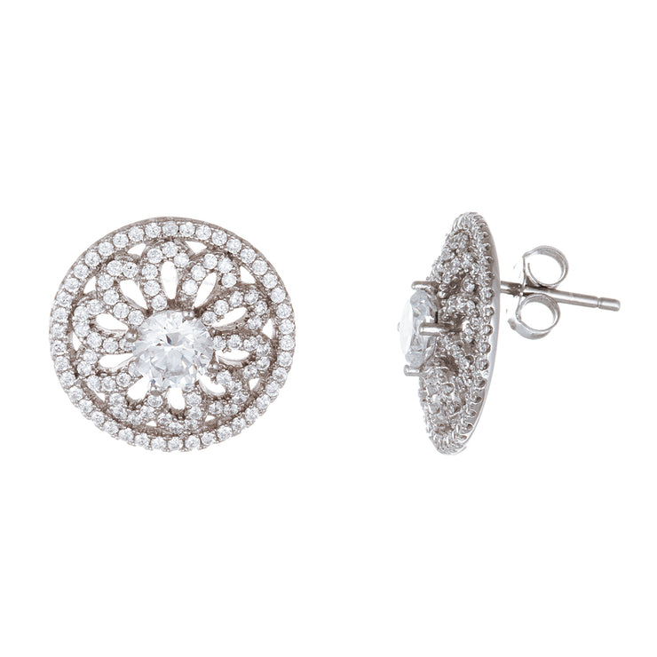 Cubic Zirconia Round Flower Halo Stud Earring in Rhodium Plated Sterling Silver