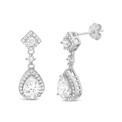Pear and Round Shaped Prong Set Cubic Zirconia Drop Dangle Bridal Halo Earring for Women in Rhodium Plated 925 Sterling Silver