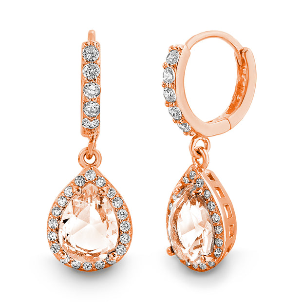 Pear and Round Shaped Cubic Zirconia Drop Dangle  Halo Earring in Sterling Silver