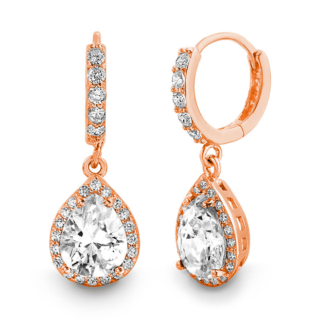 Pear and Round Shaped Cubic Zirconia Drop Dangle  Halo Earring in Sterling Silver