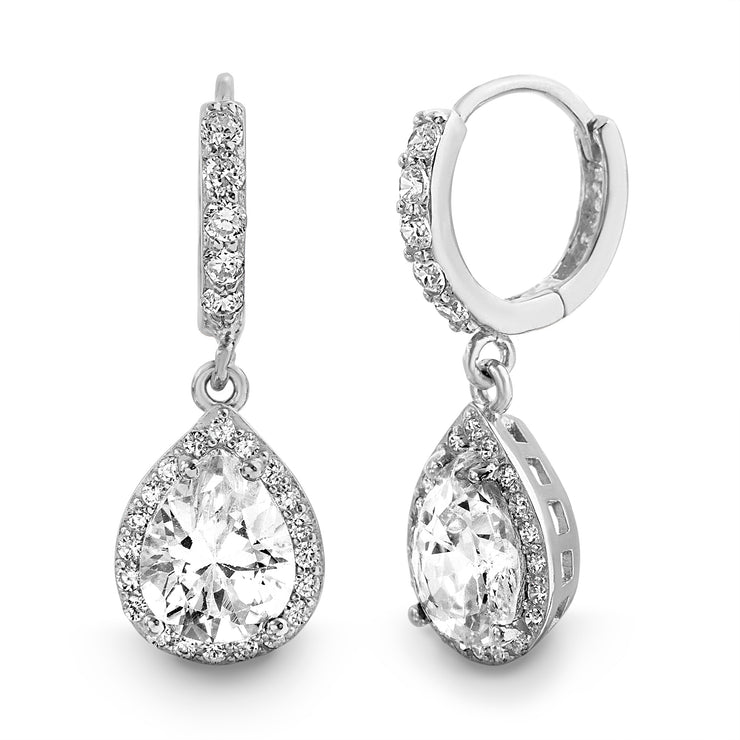 Pear and Round Shaped Prong Set Cubic Zirconia Drop Dangle Bridal Halo Earring for Women in Rhodium Plated 925 Sterling Silver