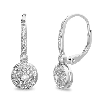 Cubic Zirconia Antique Style Drop Leverback Halo Earring in Rhodium Plated Silver