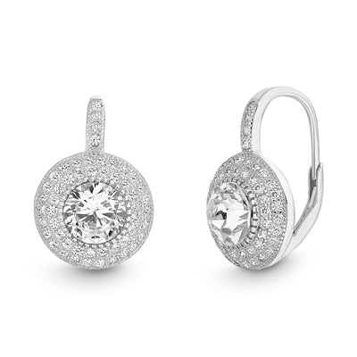 Cubic Zirconia Round Pave Leverback Halo Drop Earrings in Sterling Silver