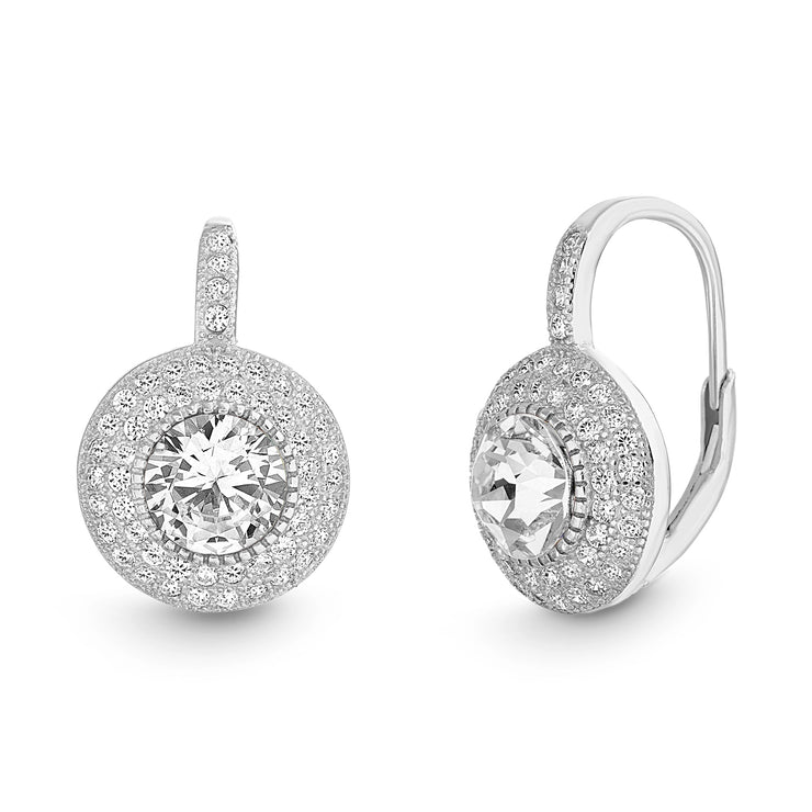 Cubic Zirconia Round Pave Leverback Halo Drop Earrings in Sterling Silver