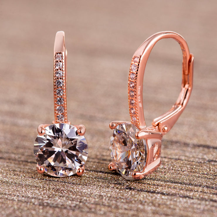 Cubic Zirconia Leverback Earring in Rhodium or Rose Gold or Yellow Gold Plated Sterling Silver