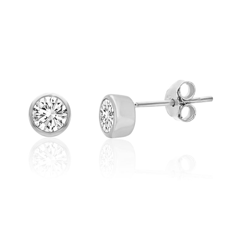 Bezel Set Cubic Zirconia Stud Earrings in Rhodium Plated Sterling Silver
