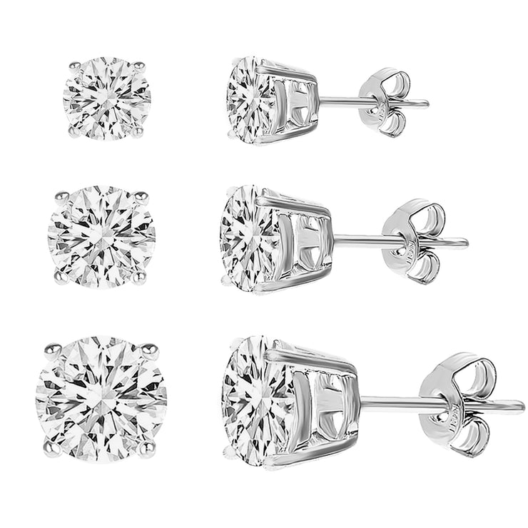 Cubic Zirconia Stud Earrings Three Pair Set in Rhodium Plated Sterling Silver