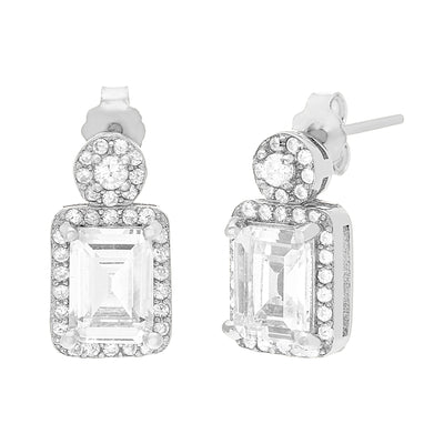 Emerald Cut Cubic Zirconia Halo Drop Stud Earring in Rhodium Plated Sterling Silver