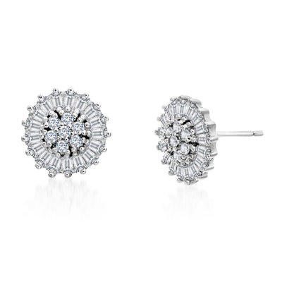 Baguette and Round Cubic Zirconia Flower Stud Earrings in Rhodium Plated Sterling Silver