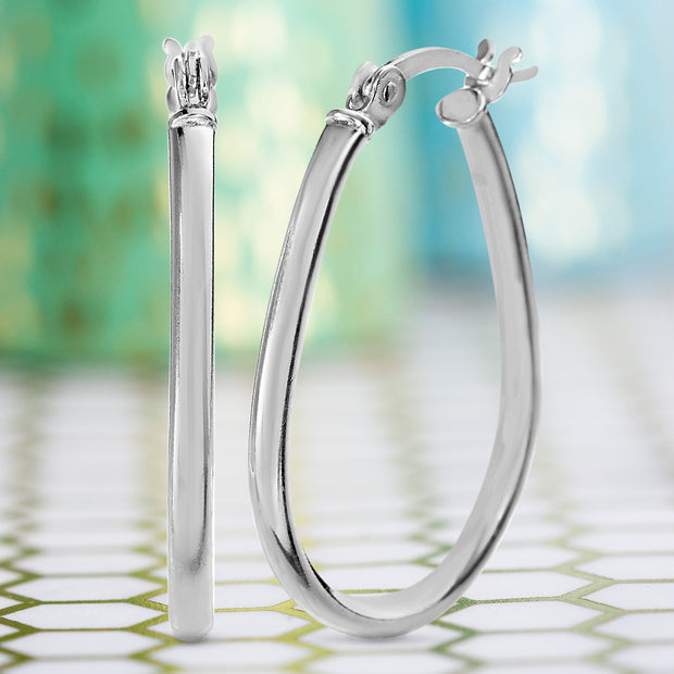 Sterling Silver Flat Oval Hoop Earrings for Women