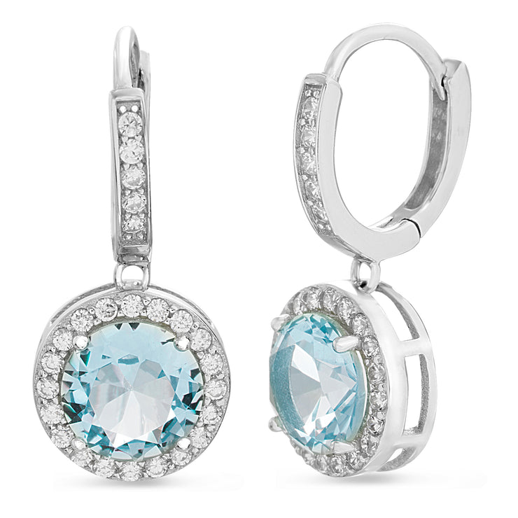 Simulated Gemstone and Cubic Zirconia Dangle Drop Halo Earring in Sterling Silver