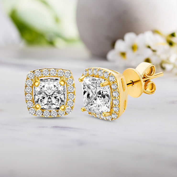 Inspired By You Princess Cut Cubic Zirconia Stud Earrings in Yellow Gold or Rhodium Plated Sterling Silver