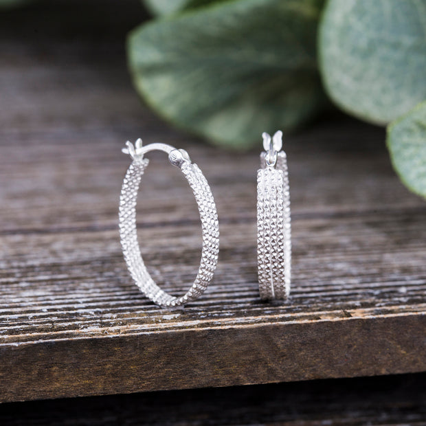 Sterling Silver Textured Hoop Earrings