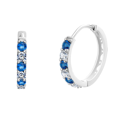 Cubic Zirconia and Simulated Blue Sapphire Huggie Hoop Earrings in Rhodium Plated Sterling Silver