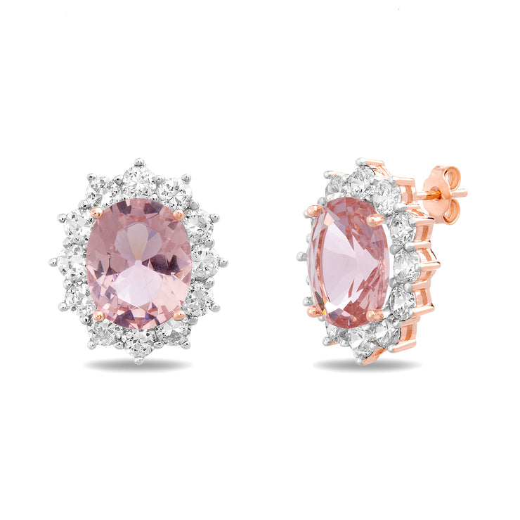 Oval and Round Cut Prong Set Simulated Morganite and Cubic Zirconia Stud Bridal Halo Earring for Women in Rose Gold Plated 925 Sterling Silver