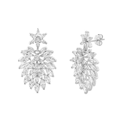 Cubic Zirconia Cluster Drop Dangle Stud Earring in Rhodium Plated Sterling Silver