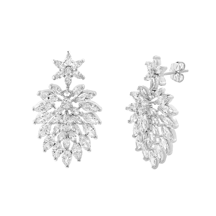 Cubic Zirconia Cluster Drop Dangle Stud Earring in Rhodium Plated Sterling Silver