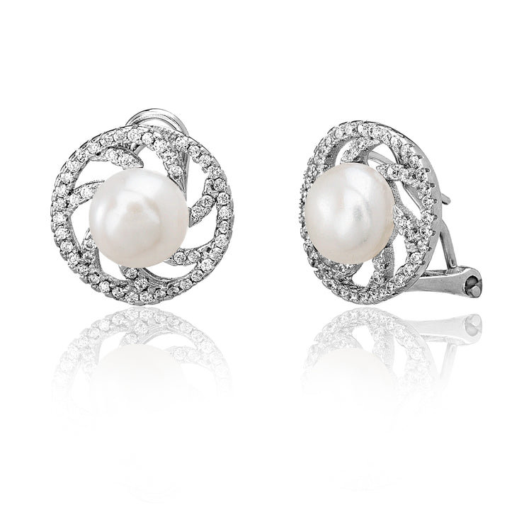 Cultured Freshwater Pearl and Cubic Zirconia Swirl Stud Earring in Rhodium Plated Sterling Silver