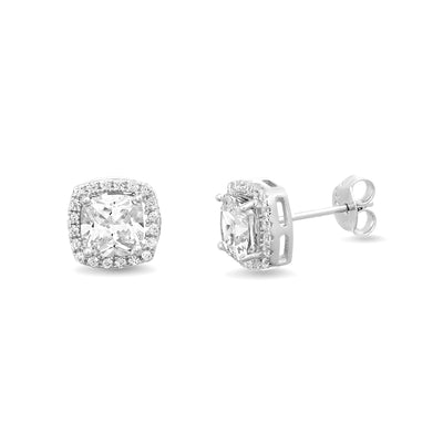 Cushion Shaped Prong Set Cubic Zirconia Stud Bridal Halo Earring for Women in Rhodium Plated 925 Sterling Silver