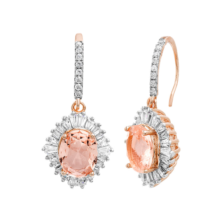 Simulated Morganite and Cubic Zirconia Oval Drop Earrings in Rose Gold Plated Sterling Silver