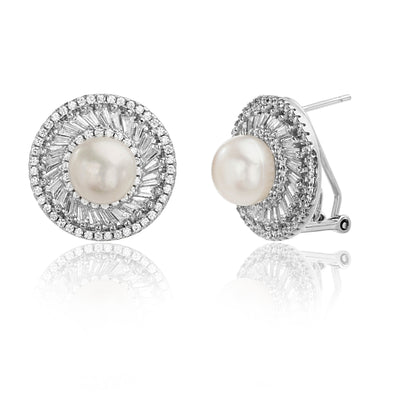 Baguette and Round Shaped Prong Set Freshwater Cultured Pearl and Cubic Zirconia Ballerina Stud Bridal Halo Earring for Women with Omega Back in Rhodium Plated 925 Sterling Silver