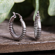 Striped Textured Hoop Earrings in Rhodium Plated Sterling Silver