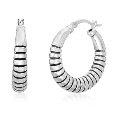 Striped Textured Hoop Earrings in Rhodium Plated Sterling Silver