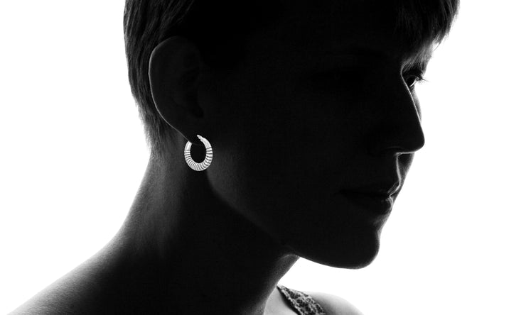 Striped Textured Hoop Earrings in Rhodium Plated Sterling Silver
