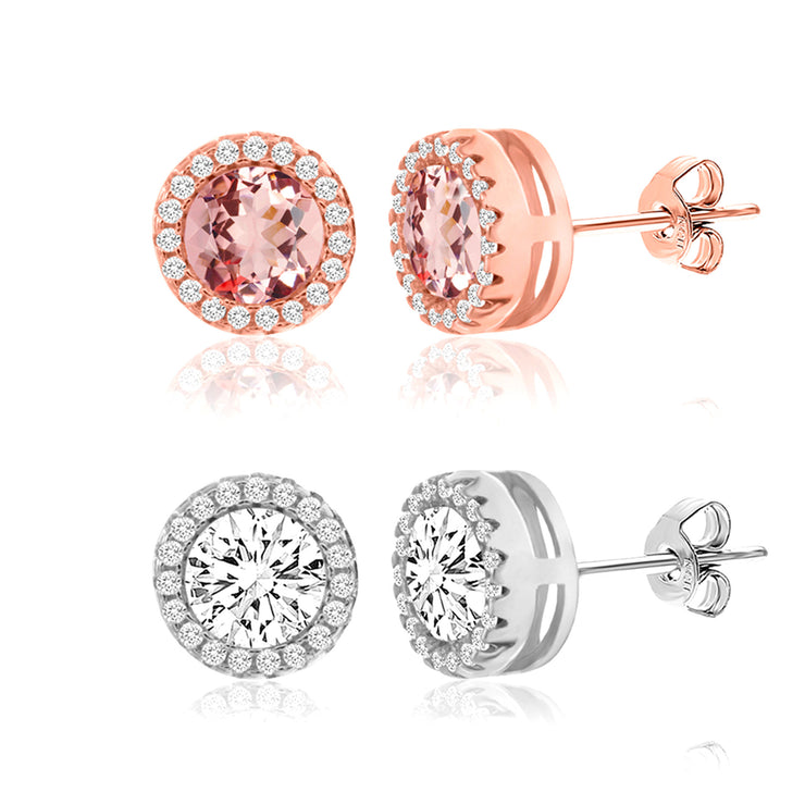 Cubic Zirconia and Simulated Morganite 2 pair Stud Earrings in Sterling Silver
