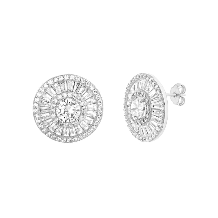 Round and Baguette Cubic Zirconia Round Halo Stud in Rhodium Plated Sterling Silver