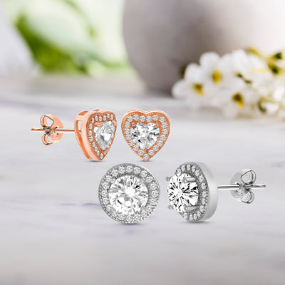 Heart and Round Cubic Zirconia Halo Stud Earrings Set in Rose Gold and Rhodium Plated Sterling Silver