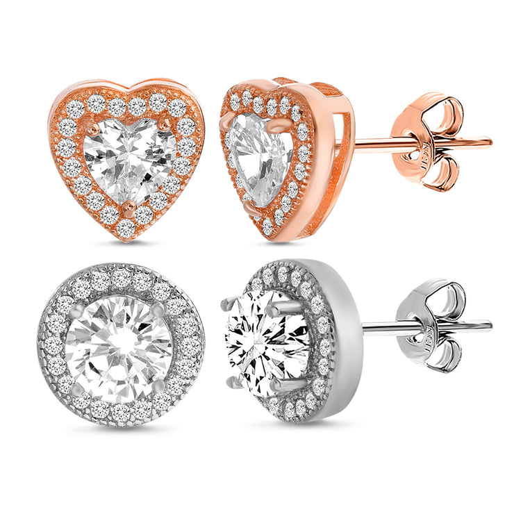 Heart and Round Cubic Zirconia Halo Stud Earrings Set in Rose Gold and Rhodium Plated Sterling Silver