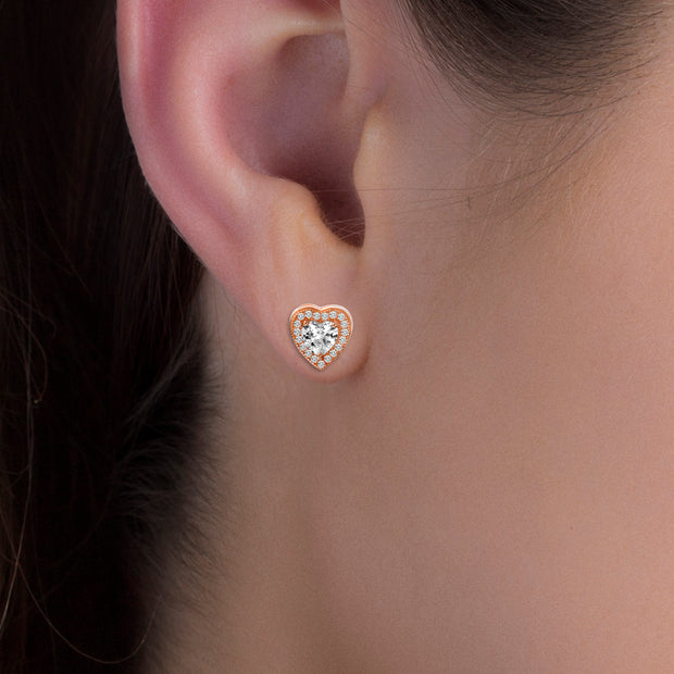 Heart and Round Cubic Zirconia Halo Stud Earrings Set in Rose Gold and Rhodium Plated Sterling Silver