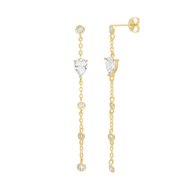 Cubic Zirconia Station Chain Linear Earrings in Yellow Gold Plated Sterling Silver