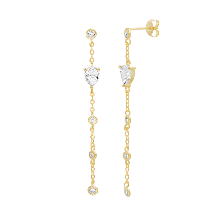 Cubic Zirconia Station Chain Linear Earrings in Yellow Gold Plated Sterling Silver