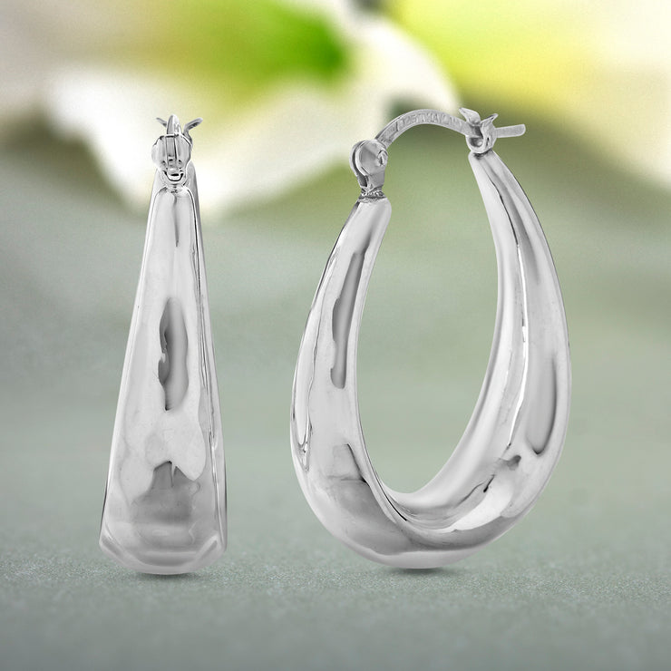 Hammered Oval Hoop Earrings in Oxidized Sterling Silver