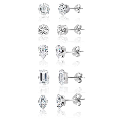 5 Pair Cubic Zirconia Stud Earring Set in Rhodium Plated Sterling Silver
