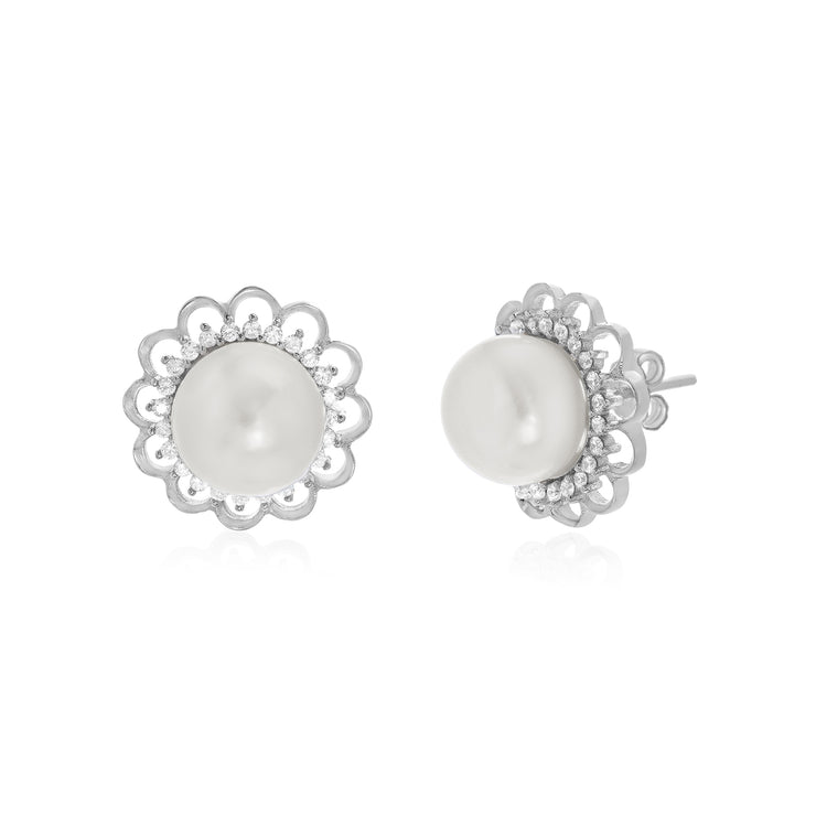 Cultured Freshwater Pearl and Cubic Zirconia Flower Stud Earring in Rhodium Plated Sterling Silver