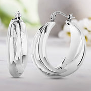 Layered Shell Style Hoop Earrings in Rhodium Plated Sterling Silver