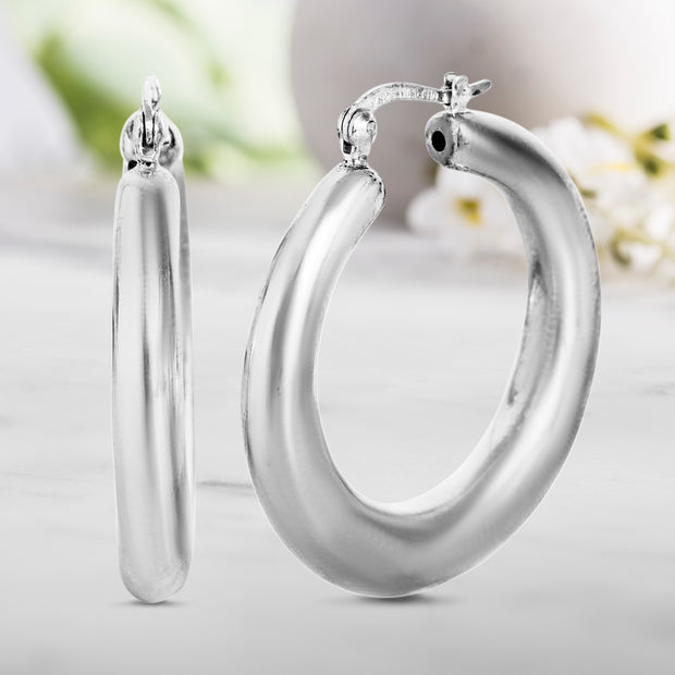 Polished Rhodium Plated Sterling Silver Hoop Earrings