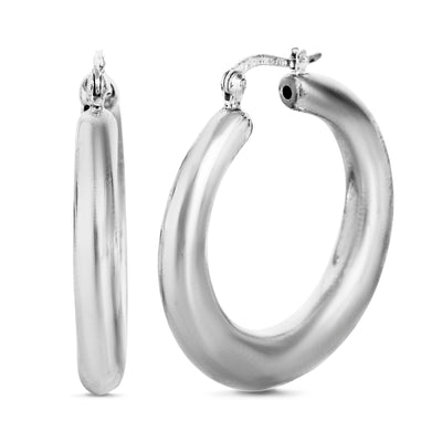 Polished Rhodium Plated Sterling Silver Hoop Earrings