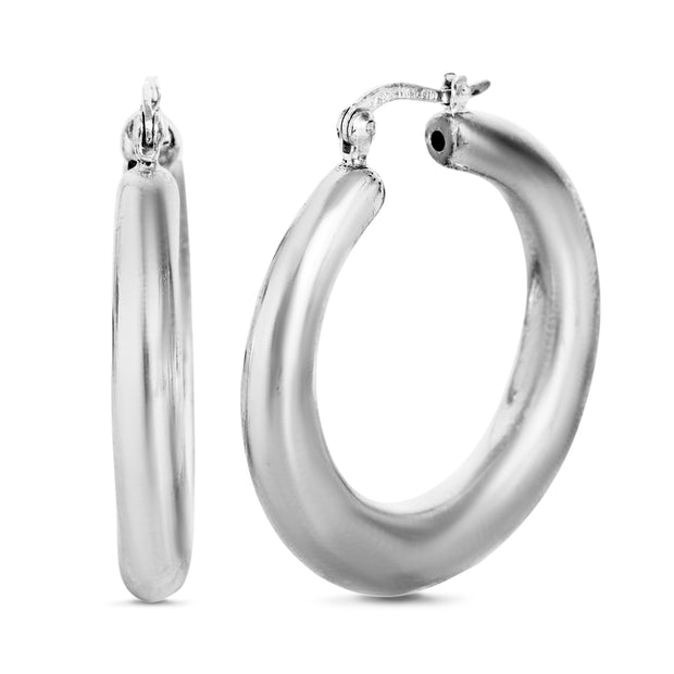 Polished Rhodium Plated Sterling Silver Hoop Earrings