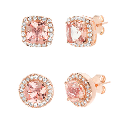 Simulated Morganite & Cubic Zirconia Boarder Post Earrings Set in Rose Gold Plated Sterling Silver