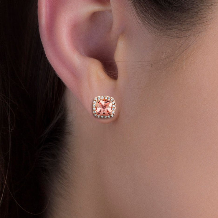 Simulated Morganite & Cubic Zirconia Boarder Post Earrings Set in Rose Gold Plated Sterling Silver