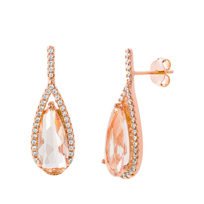 Simulated Morganite Teardrop and Cubic Zirconia Dangle Earrings in Rose Gold Plated Sterling Silver