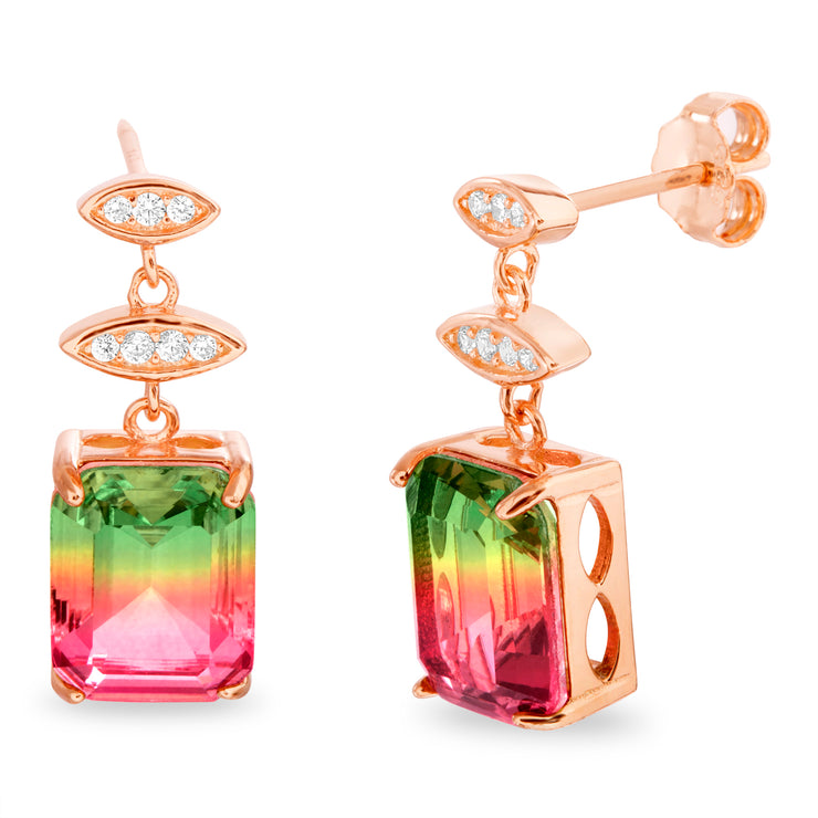 Simulated Watermelon Tourmaline and Cubic Zirconia Dangle Earrings in Rose Gold Plated Sterling Silver