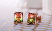 Emerald Cut Simulated Watermelon Tourmaline and Cubic Zirconia Stud Earring in Rose Gold Plated Sterling Silver